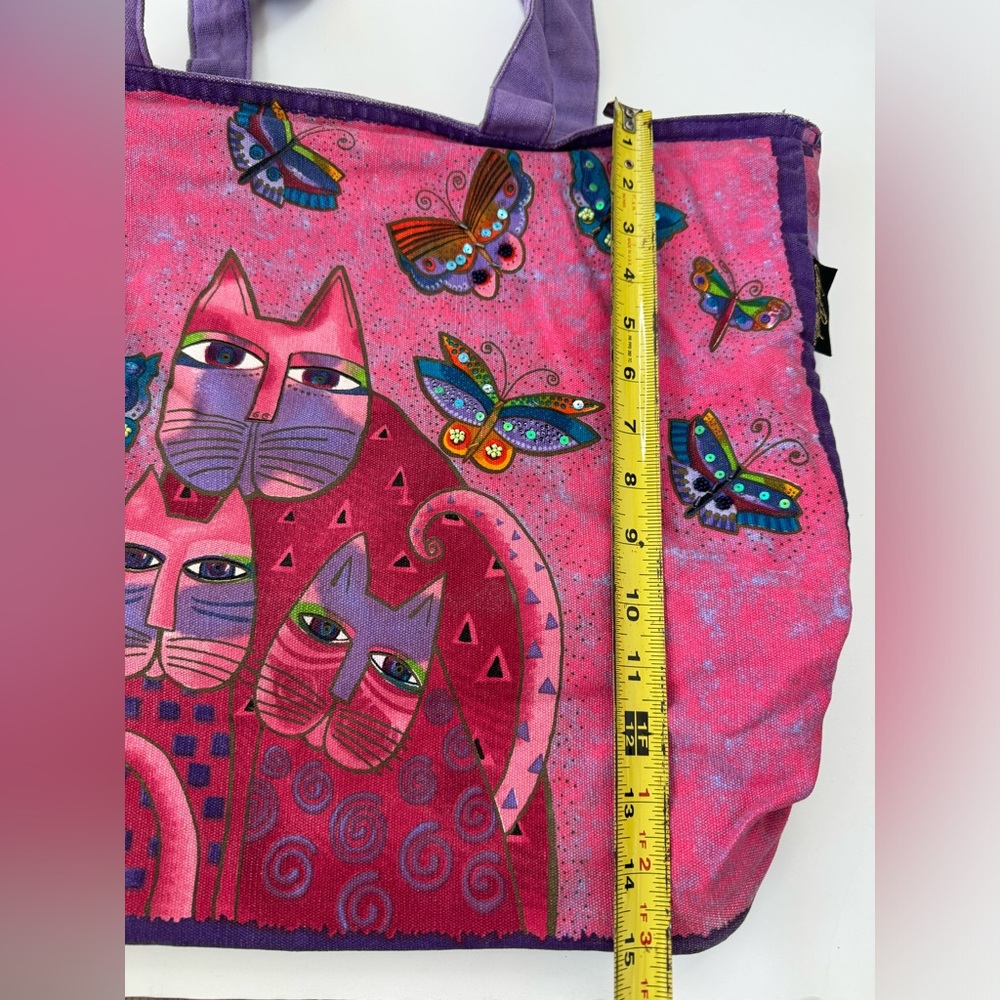 Laurel Burch Cat Tote large handbag pink purple beaded water resistant lined - Picture 10 of 11
